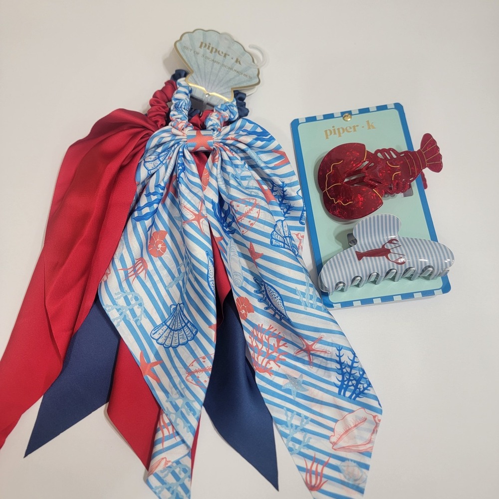 PiperK Nautical Sealife Coastal Hair Set Scarf Scrunchies Lobster Claw Clips 5pc